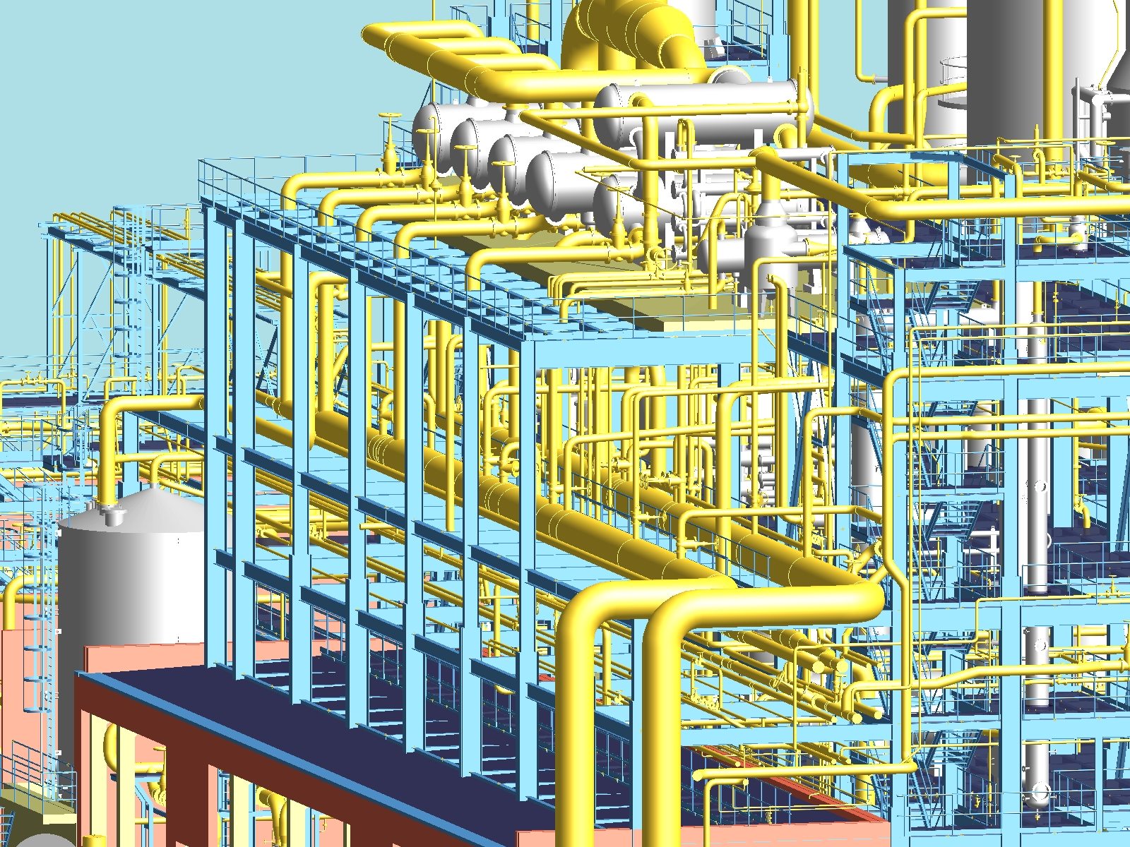 As-built PDMS model of the cyclohexanone plant: steel structures, pipe racks with yellow piping and exchangers