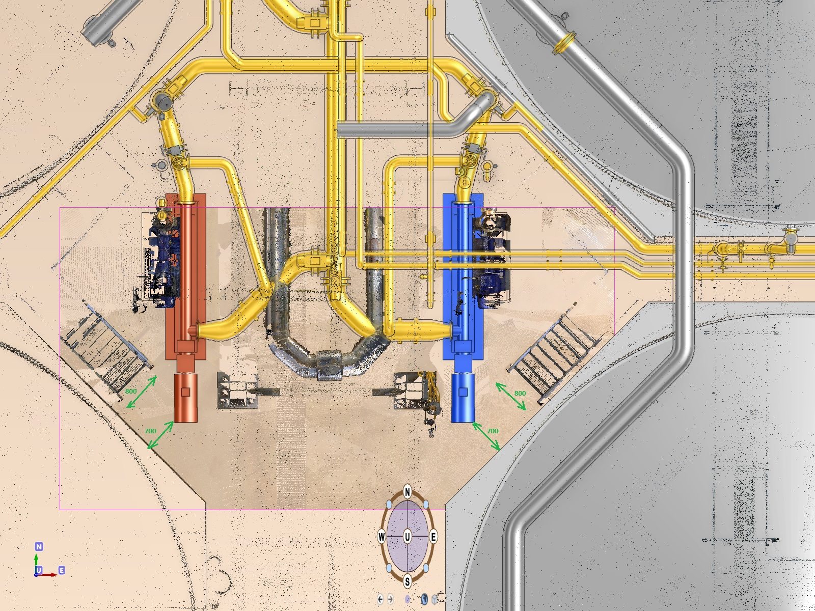 New pumps and piping modelled in 3D on the laser-scan point cloud of an existing tank farm, top view
