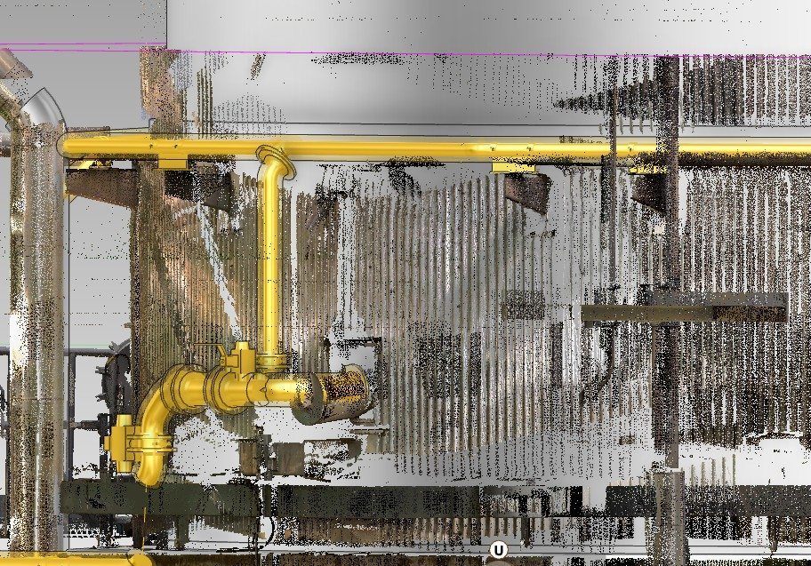 New yellow piping and supports modelled on the grey laser-scan point cloud of an existing storage tank