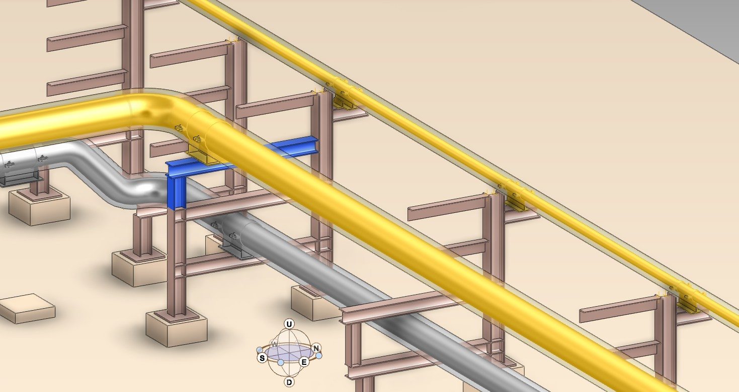 3D model of a new yellow vinasse line on a steel pipe bridge with concrete footings