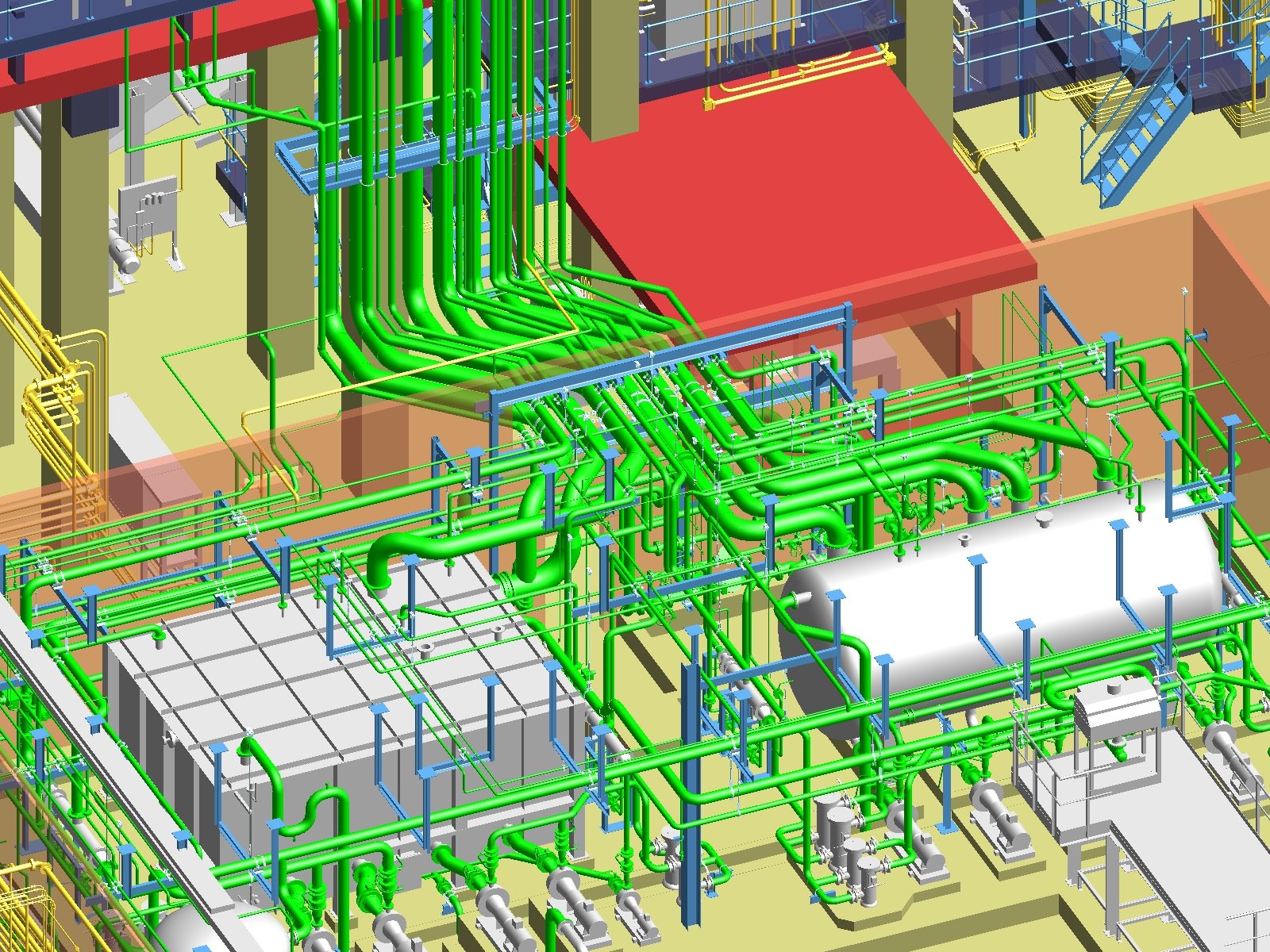 PDMS model of green and white process piping, tanks and platforms of a galvanising line