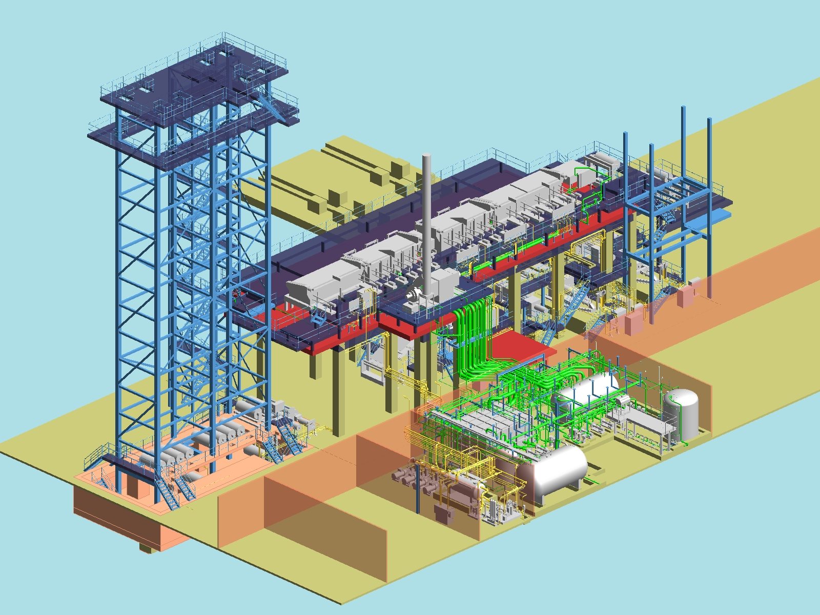 PDMS model of a galvanising line with a stairs tower, line equipment, pits and piping