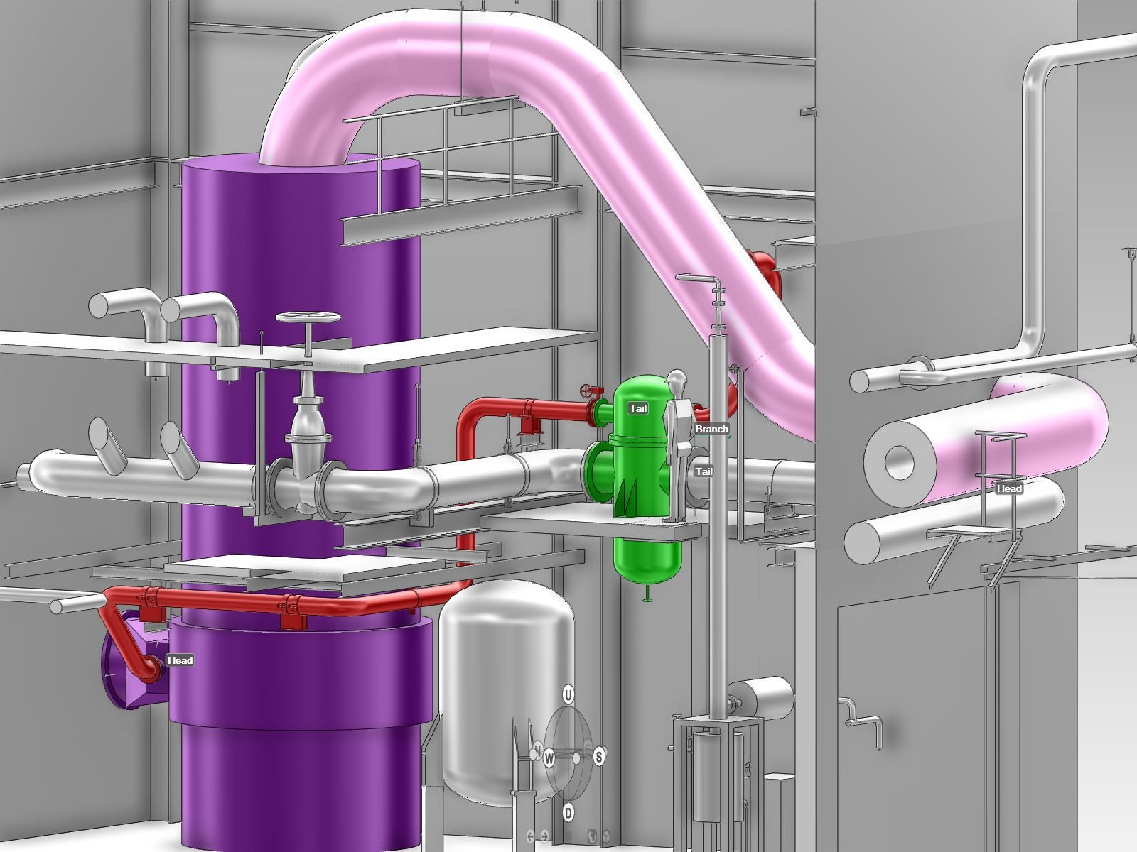 Navisworks 3D model of a new heat exchanger (purple) with a nitrous-gas duct, valves and platforms inside an existing unit