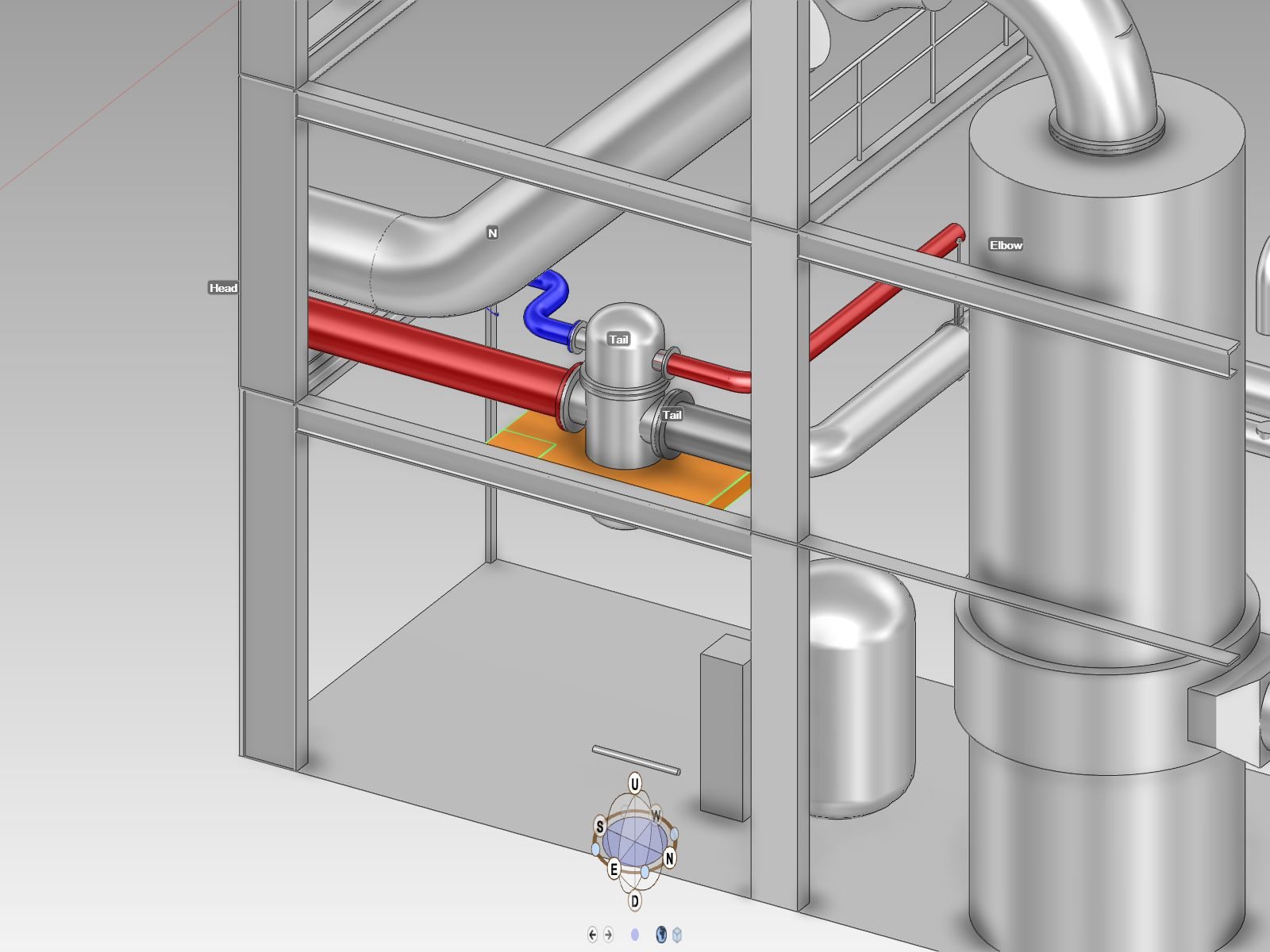 3D model of new tie-in lines and a valve between existing structures, columns and a vessel in a running unit