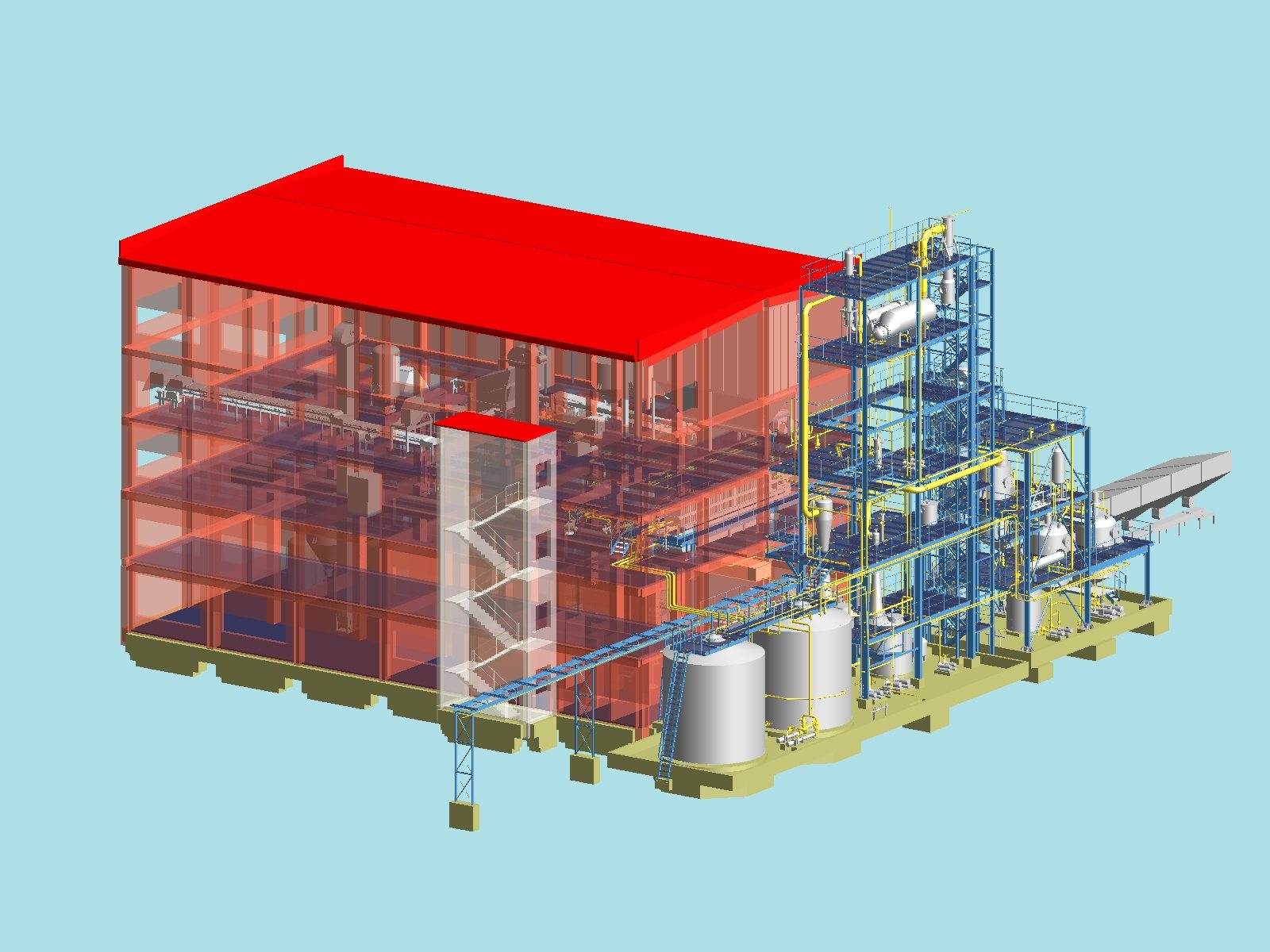 PDMS model of the calcium nitrate unit: production building with a red roof, steel process structure, storage tanks and conveyor