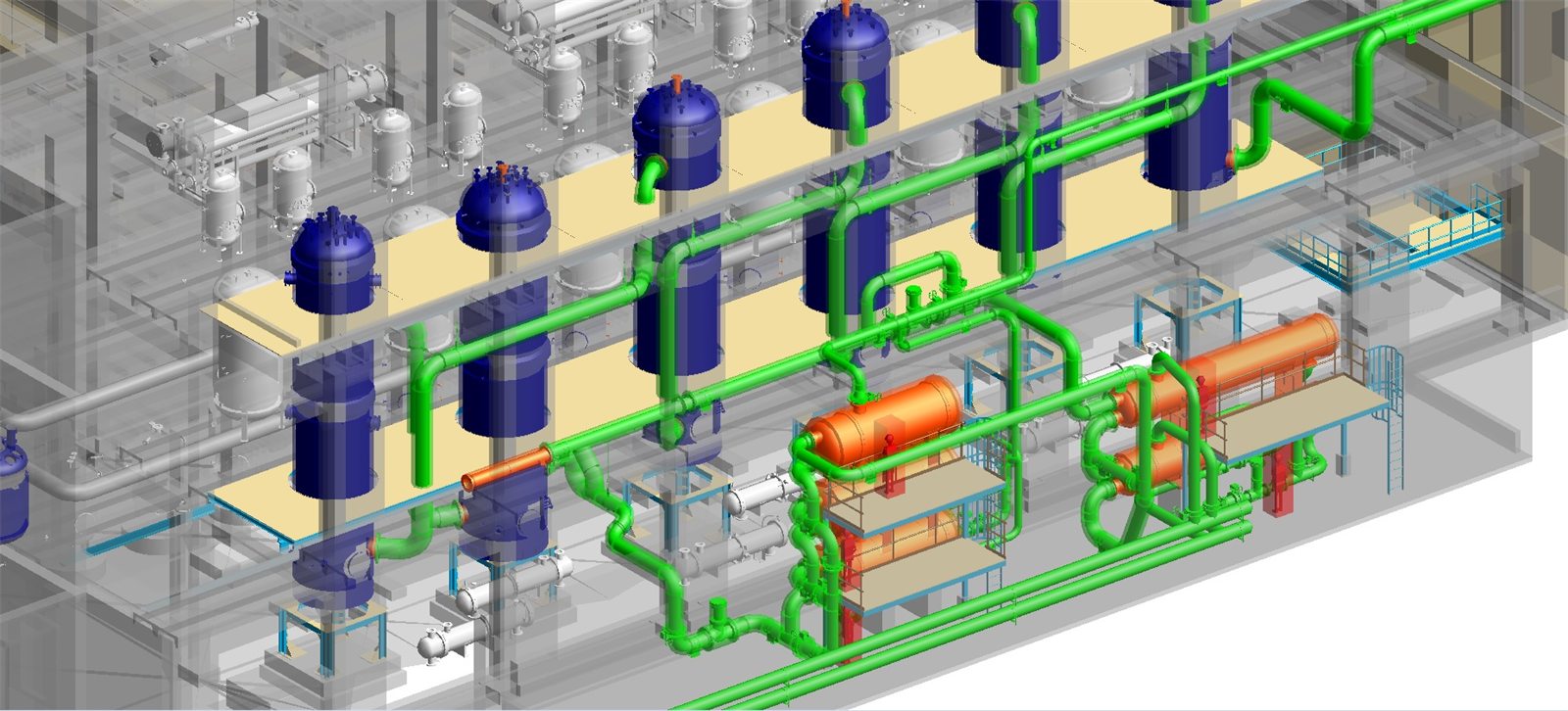 Model PDMS nových výmenníkov a potrubí umiestnených v existujúcej výrobnej budove