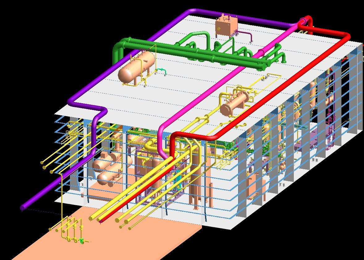 PDMS model of a compressor-house module of a gas carrier, with coloured suction and process lines on its roof