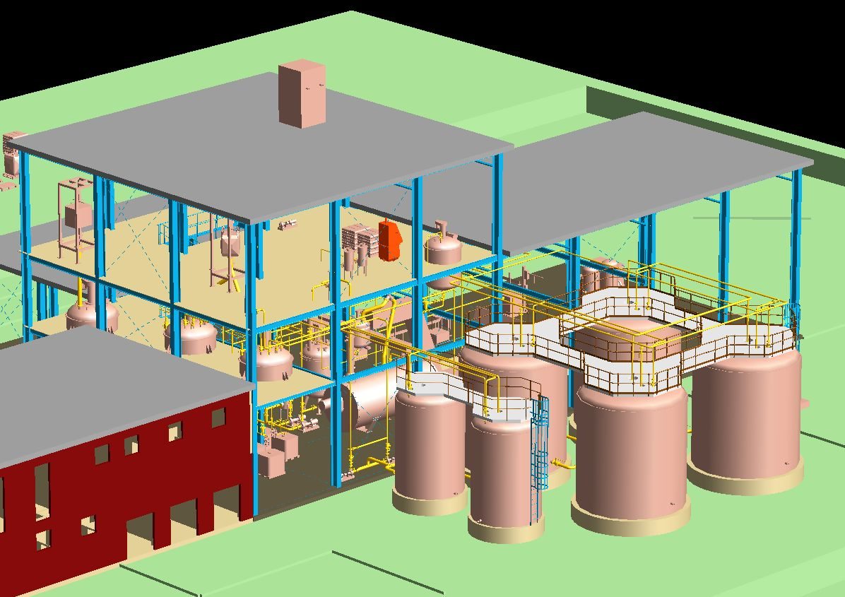 PDMS cut-away model of a liquid-fertiliser plant: process building, steel structures and five storage tanks
