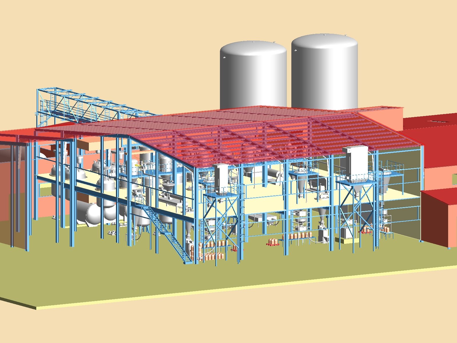 PDMS 3D model of a serpentinite processing plant: steel process hall with a red roof, conveyors and two silos