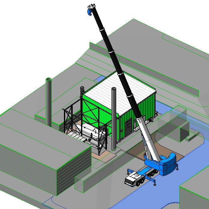 Revit model of a new boiler house with a mobile crane lifting the boiler into place